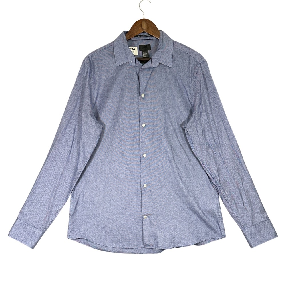 H&M Premium Cotton Button Down Shirt Mens L Blue Slim Fit Long Sleeve Excellent